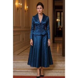 Tadashi Blue Satin Ruched Jacket Sz 12 & Maxi Skirt Sz 8 Formal Evening Set